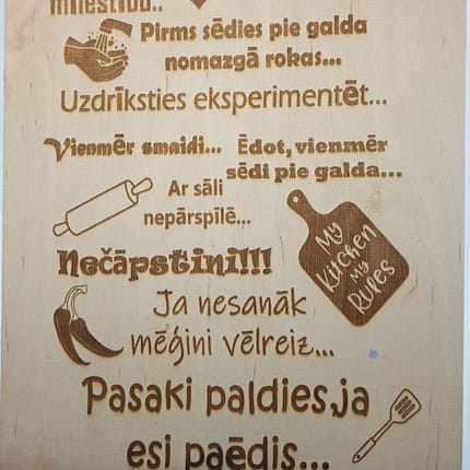 Koka dēlītis “Virtuves noteikumi” – sirsnīga dāvana mājai vai pavāram
