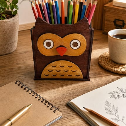 Koka pūce – oriģināls zīmuļu organizators un briļļu turētājs. Roku darbs ar lāzergriezumu un apgleznojumu. Praktiska un mīļa dāvana! 🦉✨