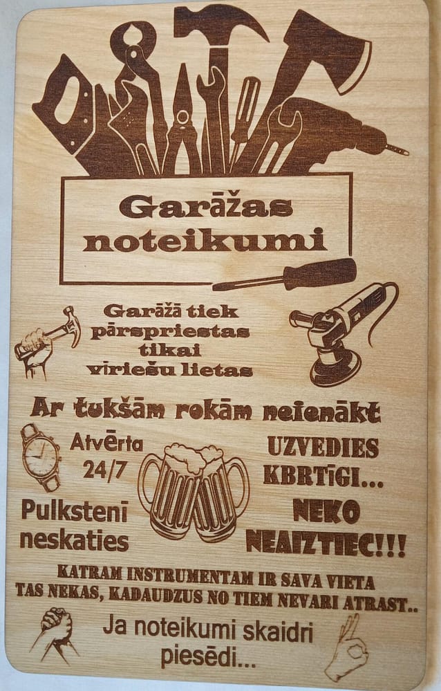 Garāžas noteikumi Koka dēlītis “Garāžas noteikumi” – humora dāvana vīrietim, tētim vai draugam