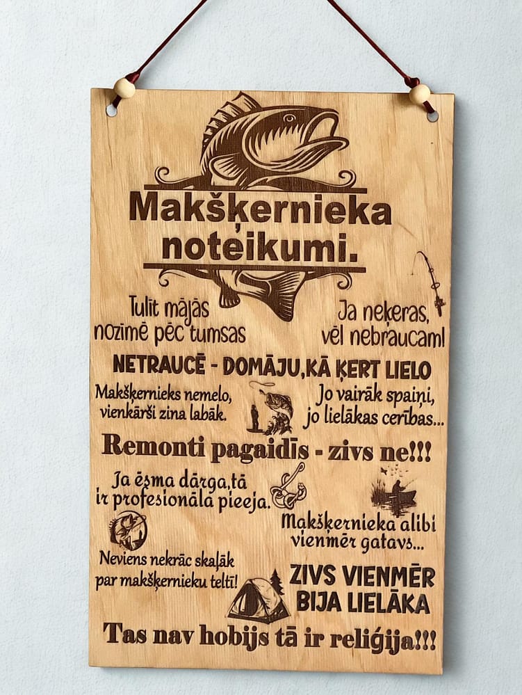 Makšķernieku noteikumi Makšķernieku noteikuma dēlītis ar izcili gravētu tekstu,ideāla dāvana